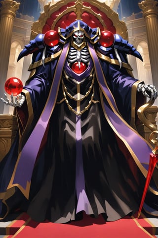 (masterpiece, best quality, 32K ultra-high resolution oil painting, super high resolution, artistic shading, accurate human anatomy, perfect anatomy),
(side view, bottom angle), full body shot, (eyes on camera),
Ainz Ooal Gown \(Overlord\), one boy, solo,
white skull, white skeleton, red eyes, glowing, glowing red ball in chest,
black hood with gold trim, (white giant shoulder pads, red balls inlaid), (black robe, purple trim), (scepter, snake holds seven-colored gem on staff),
(palace background, huge stone pillars lined up, (red carpet, gold trim), luxurious throne, steps to the throne, huge coat of arms flag),
core_9_up, score_8_up, score_7_up, score_6_up, source_anime,