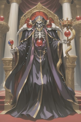 (masterpiece, best quality, 32K ultra-high resolution oil painting, super high resolution, artistic shading, accurate human anatomy, perfect anatomy),
(side view, bottom angle), full body shot, (eyes on camera),
Ainz Ooal Gown \(Overlord\), one boy, solo,
white skull, white skeleton, red eyes, glowing, glowing red ball in chest,
black hood with gold trim, (white giant shoulder pads, red balls inlaid), (black robe, purple trim), (scepter, snake holds seven-colored gem on staff),
(palace background, huge stone pillars lined up, (red carpet, gold trim), luxurious throne, steps to the throne, huge coat of arms flag),
core_9_up, score_8_up, score_7_up, score_6_up, source_anime,