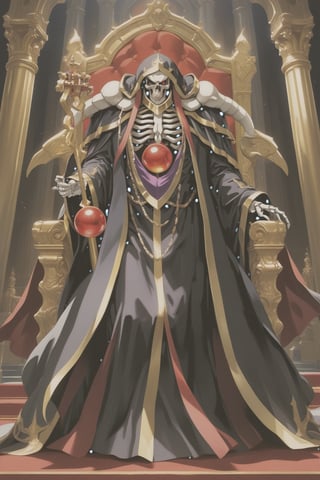 (masterpiece, best quality, 32K ultra-high resolution oil painting, super high resolution, artistic shading, accurate human anatomy, perfect anatomy),
(side view, bottom angle), full body shot, (eyes on camera),
Ainz Ooal Gown \(Overlord\), one boy, solo,
white skull, white skeleton, red eyes, glowing, glowing red ball in chest,
black hood with gold trim, (white giant shoulder pads, red balls inlaid), (black robe, purple trim), (scepter, snake holds seven-colored gem on staff),
(palace background, huge stone pillars lined up, (red carpet, gold trim), luxurious throne, steps to the throne, huge coat of arms flag),
core_9_up, score_8_up, score_7_up, score_6_up, source_anime,