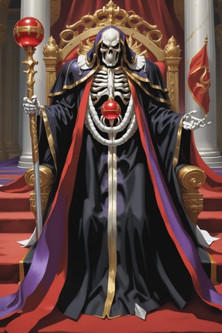 (masterpiece, best quality, 32K ultra-high resolution oil painting, super high resolution, artistic shading, accurate human anatomy, perfect anatomy),
(side view, bottom angle), full body shot, (eyes on camera),
Ainz Ooal Gown \(Overlord\), one boy, solo,
white skull, white skeleton, red eyes, glowing, glowing red ball in chest,
black hood with gold trim, (white giant shoulder pads, red balls inlaid), (black robe, purple trim), (scepter, snake holds seven-colored gem on staff),
(palace background, huge stone pillars lined up, (red carpet, gold trim), luxurious throne, steps to the throne, huge coat of arms flag),
core_9_up, score_8_up, score_7_up, score_6_up, source_anime,