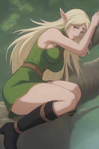 (masterpiece, best quality, 32K ultra HD anime, super high resolution, 1980s /(style/), perfect human anatomy, perfect anatomy), (side view, shot from below), looking at camera, highlights breasts,
(Deedlit), mature woman, elf, solo,
((long hair, blonde hair, center parted bangs, circlet, beautiful long thin eyebrows, lime green eyes, big elven ears, pointed ears, pink lips, blushing, smiling), (mouth slightly open),
(((Deedlit's lime green dress, sleeveless, gold trimmed), (green armor, gold trimmed)), belt, (lime green short skirt, gold trimmed)), black stockings, black boots,
attractive body, high body, beautiful clavicle line, (large breasts; 0.3, firm, firm), beautiful_hands, (beautiful_fingers, 4 fingers, 1 thumb), slightly wide_waist; 0.7, slightly large_buttocks; 0.8, beautiful_legs, beautiful_knees, beautiful_calves, (beautiful_toes, 4 fingers, 1 thumb),
(sitting, on a tree branch, legs wide open, on a big tree branch), (forest scenery, big tree branch, big tree, deep forest),
, core_9_up, score_8_up, score_7_up, score_6_up, source_anime, BREAK, score_9,score_9_up