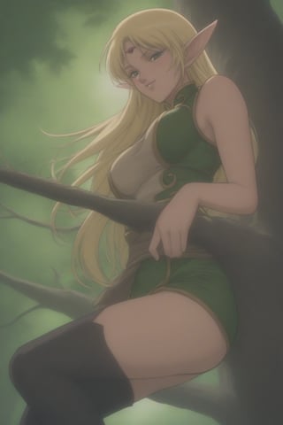 (masterpiece, best quality, 32K ultra HD anime, super high resolution, 1980s /(style/), perfect human anatomy, perfect anatomy), (side view, shot from below), looking at camera, highlights breasts,
(Deedlit), mature woman, elf, solo,
((long hair, blonde hair, center parted bangs, circlet, beautiful long thin eyebrows, lime green eyes, big elven ears, pointed ears, pink lips, blushing, smiling), (mouth slightly open),
(((Deedlit's lime green dress, sleeveless, gold trimmed), (green armor, gold trimmed)), belt, (lime green short skirt, gold trimmed)), black stockings, black boots,
attractive body, high body, beautiful clavicle line, (large breasts; 0.3, firm, firm), beautiful_hands, (beautiful_fingers, 4 fingers, 1 thumb), slightly wide_waist; 0.7, slightly large_buttocks; 0.8, beautiful_legs, beautiful_knees, beautiful_calves, (beautiful_toes, 4 fingers, 1 thumb),
(sitting, on a tree branch, legs wide open, on a big tree branch), (forest scenery, big tree branch, big tree, deep forest),
, core_9_up, score_8_up, score_7_up, score_6_up, source_anime, BREAK, score_9,