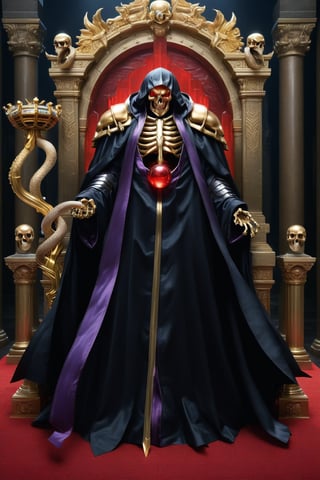 (masterpiece, best quality, 32K ultra HD animation, super high resolution, artistic shading, accurate human anatomy, perfect anatomy),
(side view, bottom angle), full body shot, (eyes on camera),
Ainz Ooal Gown \(Overlord\), one boy, solo,
skull, skeleton, red eyes, glowing, glowing red ball inside body,
black hood, shoulder pads, (black robe, purple rim), (staff, snake object holding seven colored gems in its mouth)
(palace background, huge stone pillars lined up, (red carpet, gold rim), luxurious throne, steps to the throne, huge coat of arms flag),
core_9_up, score_8_up, score_7_up, score_6_up, source_anime,