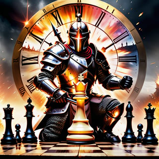 “No weapon that is formed against you shall prosper”epic light, radiant color, watercolor splash, color burn ,high contrast ,dynamic lighting, event horizon, glowing eyes , skyfall background,hyper real, chess board, converging reality, shattered clock face, broken sword imagery, army of GOD, eternal, EPICLOGO, battle formations, vivid armor, holy warrior