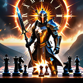 “No weapon that is formed against you shall prosper”epic light, radiant color, burning star, color burn ,high contrast ,dynamic lighting, event horizon, glowing eyes , skyfall background,hyper real, chess board, converging reality, shattered clock face, broken sword imagery, army of GOD, eternal, EPICLOGO, battle formations, light armor, holy warrior, infernal tech, plasma blade weaponry