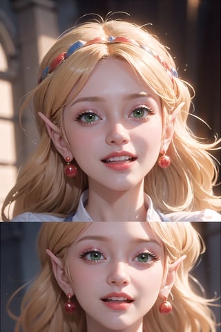 tsmbsszelda, masterpiece, (face only), green eyes, blonde hair, blushing,  smiling, red lipstick, makeup, blushing, open mouth