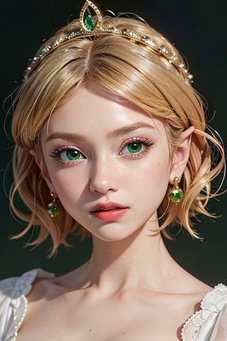 masterpiece, best quality, tmbsszelda, short hair, golden hair, gold tiara, (green eyes), makeup, lipstick, face only,1 girl, looking at viewer, closed mouth, simple background