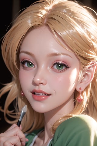 tsmbsszelda, masterpiece, (face only), green eyes, blonde hair, blushing,  smiling, red lipstick, makeup, blushing, open mouth