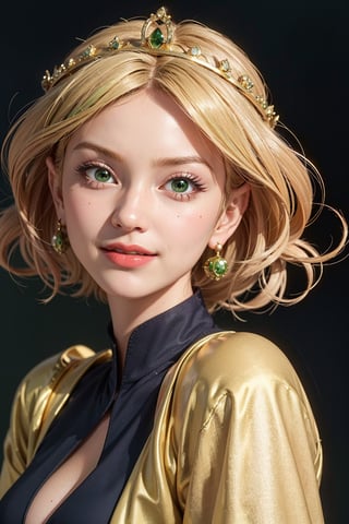 masterpiece, best quality, tmbsszelda, short hair, golden hair, gold tiara, (green eyes), makeup, lipstick, face only,1 girl, looking at viewer, smile, closed mouth, simple background, front