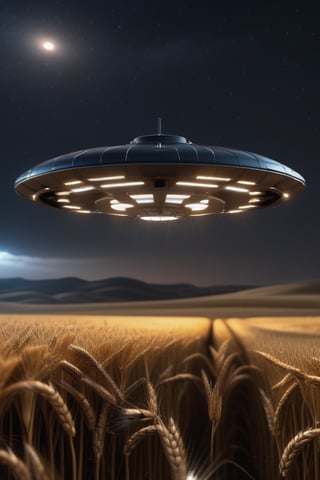 8k photo realistic sheet metal material ufo landed in the midst of a wheat field at night,realistic,night,8k resolution,sci fi theme,detailed lights,nighttime,detailed full moon,supreme quality