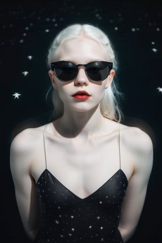 Young very pale albino woman with dark sunglasses reflecting the stars Top view of her swimming in a dark lake only lit by the pale moon 