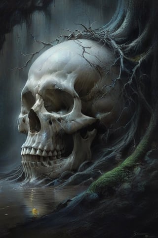 a painting of a skull with roots on it, a charcoal drawing by Zdzislaw Beksinski, gothic art, highly detailed dark art, only art for dark metal music, art style by Zdzisaw Beksinski hyperrealistic, art by Jeremy Mann and Alphonse Mucha, fantasy art, photorealistic  , dynamic lighting, volumetric lighting, highly detailed, cinematic, sharp, 4k