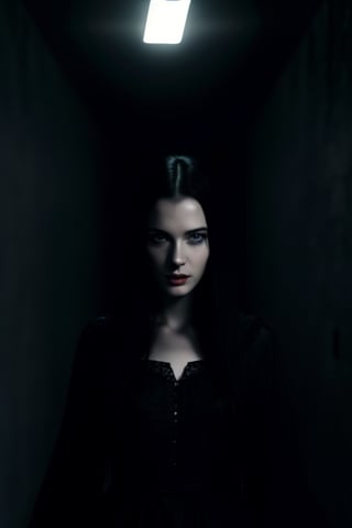 Cinematic still (dark run-down hallway), a tall woman with a pale face (detailed face, detailed skin texture), bright blue eyes, long black hair, long torn dress, stares at viewer, Cinematic Still from Dark Fantasy Movie, Gothic artwork, conceptual art Suzanne Gildert, diffused light,  dark atmosphere, extremely detailed, trending on Artstation, Cinematic Lightning, Artstation HQ, volumetric lightning, expansive hyper-realistic, vivid, Timless Artwork, premium, Breathtaking, ultra-sharp, stunningly, sharp focus 