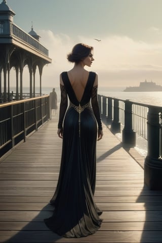 A woman in a long dress walking on a pier, an art deco painting by Bastien Lecouffe-Deharme, gothic art, gothic fantasy art, gothic art style, gothic fantasy hyperrealistic, art by Jeremy Mann and Alphonse Mucha, fantasy art,  photorealistic, dynamic lighting, volumetric lighting, highly detailed, cinematic, sharp, 4k,aesthetic portrait