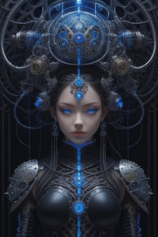 A stunning bio android with a symmetrical face and piercing blue eyes stands confidently in the center of a dark and mysterious room filled with intricate bio-mechanical machines. The android's body is elegantly adorned with cables, seamlessly connecting her to the machines in a mesmerizing HR Giger-inspired style. This exquisite concept artwork, created by the talented Katsuya Terada, showcases a captivating blend of Gothic aesthetics and futuristic technology. The lighting is atmospheric, casting subtle shadows that add depth and intrigue to the scene. Perfect for fans of Suzanne Gildert's surreal paintings. 4k resolution.