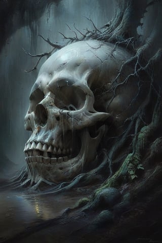 a painting of a skull with roots on it, a charcoal drawing by Zdzislaw Beksinski, gothic art, highly detailed dark art, only art for dark metal music, art style by Zdzisaw Beksinski hyperrealistic, art by Jeremy Mann and Alphonse Mucha, fantasy art, photorealistic  , dynamic lighting, volumetric lighting, highly detailed, cinematic, sharp, 4k