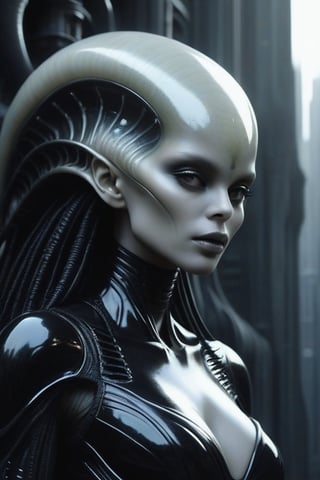 Alien, SciFi, Cinematic Film Still (Dark Alien City), Concept Art HR Giger, Afrofuturism, Female Alien, Biomechanical Body, White Skin (Detailed Face, Detailed Skin Texture), Complex Body Lines, Portrait of a Humanoid Alien Hyperrealistic, Art by Jeremy Mann and Alphonse  Mucha, fantasy art, photorealistic, dynamic lighting, volumetric lighting, highly detailed, cinematic, sharp, 4k