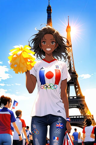 On a splendid sunny day, at the foot of the Eiffell Tower, a beautiful French girl smiles happy to cheer for her national team at the Olympics.  The dark-skinned girl with big black eyes is wearing a white t-shirt with the five Olympic rings and a pair of jeans, in one hand she holds a French flag.