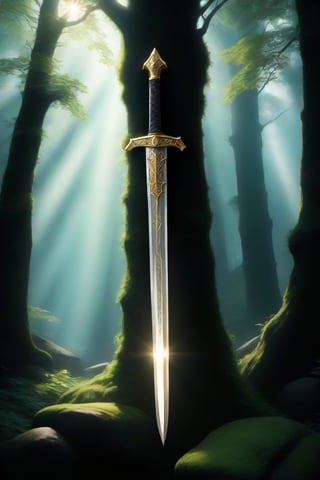 In the middle of a lush forest is a large medieval sword with a shiny blade and golden symbols decorating it stuck in a large (((rock))) covered with moss and ivy branches, a ray of sunlight making its way through the dense tree branches illuminates the sword making it glow