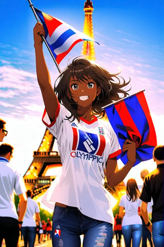 On a splendid sunny day, at the foot of the Eiffell Tower, a beautiful French girl smiles happy to cheer for her national team at the Olympics.  The dark-skinned girl with big black eyes is wearing a white t-shirt with the five Olympic rings and a pair of jeans, in one hand she holds a French flag.