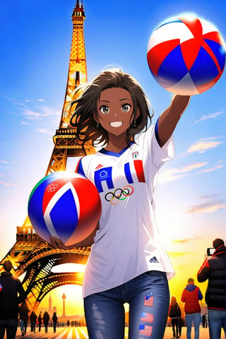 On a splendid sunny day, at the foot of the Eiffell Tower, a beautiful French girl smiles happy to cheer for her national team at the Olympics.  The dark-skinned girl with big black eyes is wearing a white t-shirt with the five Olympic rings and a pair of jeans, in one hand she holds a French flag.