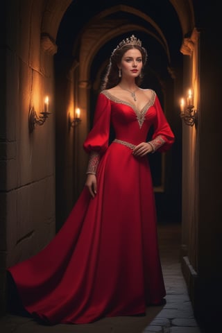 a queen in medieval attire at night along a castle corridor, she wears a long red silk gown with a v-shaped neckline and long puffed sleeves, finely decorated with lace and transparencies, a fitted bodice highlights her buxom bosom and a gold necklace with a sapphire pendant the same color as her eyes. A diamond tiara is placed on the long black hair. Dynamic pose, masterpiece, 8k, uhd, high definition, ,<lora:659095807385103906:1.0>