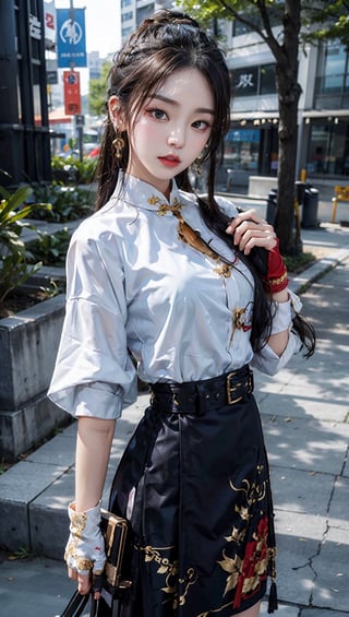 JinxLol,mature female,1girl, solo,looking at viewer, gloves, fingerless gloves,cheongsam, character name, looking at viewer, gun, belt,outdoors,lora:JinxLolEp8dim8:1, lora:JinxLol:1,wearing cheongsam,one piece,Holding a fan in one hand, JeeSoo,yeji