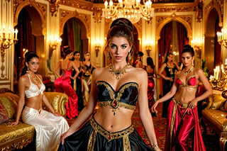 A stunning college student, clad in casual attire, blurs into a lavish Baroque boudoir, surrounded by resplendent Arabian harem beauties lounging amidst opulent furnishings. The modern student's eyes widen as they behold the alluring dance costumes and sultry atmosphere, their confusion giving way to an unexpected allure. Soft candlelight illuminates the sumptuous space, casting a warm glow on the sensual curves of the unveiled beauties, while the air is heavy with the promise of hedonistic delight.