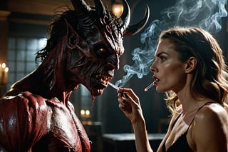 A hyper-realistic composition captures the tense moment as she finally meets her hideous demonic lover. Intense lighting illuminates her sultry body and anxious expression, highlighting the nervous tremble of her hands as she bites her own lip. Her eyes, bright with anticipation, lock onto his as she takes in his imposing figure. The demon's massive size and intimidating aura are palpable, but her gaze remains fixed on him, a mix of admiration and lust simmering beneath the surface. The air is thick with unspoken desire, contained for so long.