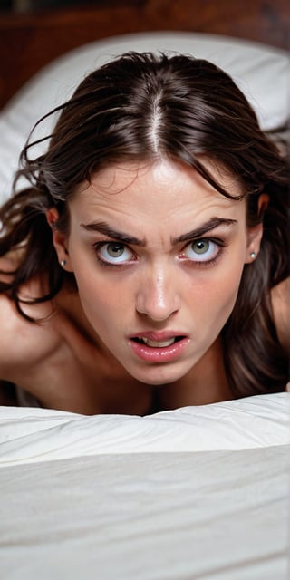 Close-up shot of a sultry young woman's face, eyes wide with fear, as she struggles to free herself from the grasp of six menacing, razor-sharp claws. Her body is contorted in various directions, her limbs and torso held firmly by the sinister talons. The bed sheets are rumpled, and the room is dimly lit, adding to the sense of foreboding. The focus is on the woman's anguished expression, as she realizes she is trapped.