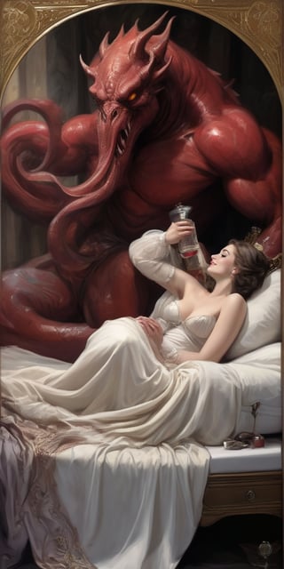 In a lavish Art Nouveau bed, a stunning maiden indulges in forbidden passion with a behemoth demon lying in bed with her. Uneven couple passionate embracing in bed. Her curves are modestly concealed by elegant channel dress. The monstrous creature'slong tongue and lewd lips are dripping crimson blood. her face expreses her overwhelming pleasure and surprise while she fully embraces her own corruption. 