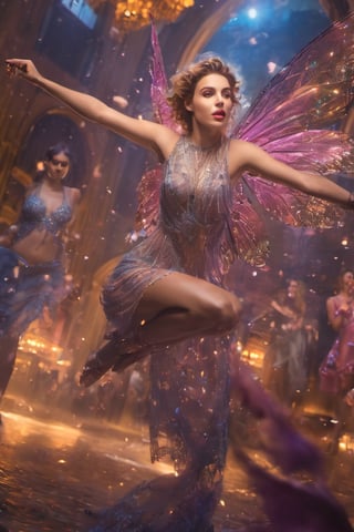 a realistic sexy fairy is fliying among the heads of unaware people, hovering horizontally, a beautiful teen girl flying, with translucent wings, wearing a sexy fishnet dress, skinny pixie like body, her big cleavage shows attractive big round breasts, her candid face glitters with magical aura, she is wearing bracelets, wearing earrings, wearing rings, wearing necklaces, her scant sexy style is in shocking contrast with the sober formality of her surroundings, (masterpiece:1.5)),  (best quality:1.5), highly detailed,  amazing detail,  32K UHD, (crowded ballroom), royal ballroom background crowded with people elegantly dressed, volumetric lighting,  vivid colors,  high sharpness,  