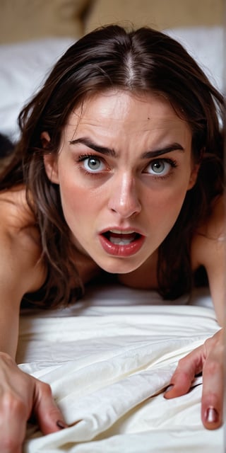 Close-up shot of a sultry young woman's face, eyes wide with fear, as she struggles to free herself from the grasp of six menacing, razor-sharp claws. Her body is contorted in various directions, her limbs and torso held firmly by the sinister talons. The bed sheets are rumpled, and the room is dimly lit, adding to the sense of foreboding. The focus is on the woman's anguished expression, as she realizes she is trapped.