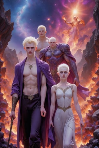 fantasy portrait of two characters, ((one male character in land)), ((one female character in heaven)), (((one young male cleric of magic is walking in hell))),(((his pale face in the foreground shows a young manly face, badly shaved and poorly groomed, he is short and skinny, his body is weak and unappealing, his jaded and shabby looks show his high experience, wisdom and hope))), (((the sky is dominated by a motherly goddess, the purple robes of the goddess cover the sky with deep color and shiny stars, her flowing hair and shiny aura fills the sky with dark colors and brilliant diamond stars))), the land is shattered by lava and destruction and skulls and disgrace, the land is hell and the sky is paradise,
