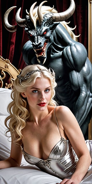 In a lavish Art Nouveau bed, a stunning platinum blonde maiden indulges in forbidden passion with a behemoth demon. Her curves are modestly concealed by elegant sheet attire. The monstrous creature's razor-sharp fangs, ate dripping crimson blood. her face expreses her overwhelming pleasure and surprise while she fully embraces her own corruption. 