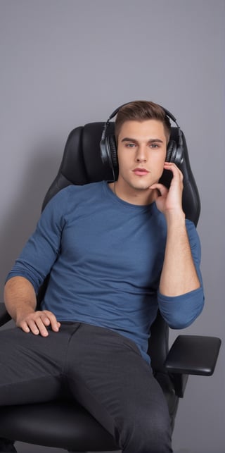 Imagine the following scene. A handsome man sitting in a computer chair, a gamer chair.

The man is beautiful, Arab, 20 years old, very muscular, very masculine. Very light blue eyes, big and bright eyes, full and sensual lips, long eyelashes, light brown hair, short hair.

The man is sitting in a computer gamer's chair, a very wide and comfortable chair, in front of him he has a computer. One of his hands is on the computer mouse.

Wear casual and sports clothing. He has computer headphones over his ears.

The image is taken from afar, you can see the man in the center of the image and the details of the scene.