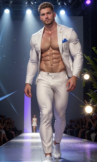 masterpiece, best quality, 8k, 1man, (front Photo), shiny skin, facial hair, walking on fashion show runway stage, wearing white sheer suit, highly detailed face and skin, realistic, mature, stubble, muscular, huge pecs, handsome, male focus, light particles, rim light, Use light to shine through clothes to reveal muscle contours, full body, skin color shows through the fabric of clothes,