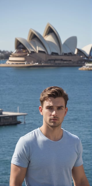 Hyperrealistic photograph of a beautiful Australian man, 25 years old, average body, short hair, Serious. hair with a line in the middle, straight hair. Very light and big blue eyes

The man is walking through Sydney. wears casual clothes. Behind you can see the Sydney Opera House. Majestic and beautiful.

The shot is far away. showing from a distance the man and the beauty of the city of Sydney