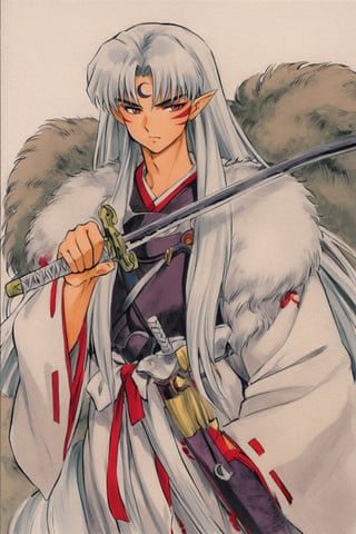 solo, 1boy, Sesshoumaru, weapon, male focus, sword, long hair, pointy ears, facial mark, holding, white hair, white background, japanese clothes, forehead mark, simple background, holding weapon, fur, holding sword, very long hair, armor, wide sleeves, crescent, long sleeves, kimono, traditional media