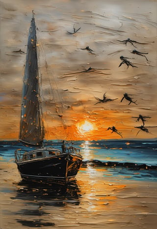 sparkles, Impressionist oil painting on an old canvas, sunset on the beach , yatch on the sea, energetic strokes, black and bronze palette, fine and detailed strokes, Ectoparasitism, Lungs