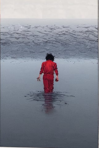 Comic panel illustration. Close up of Man walking through the water.  Greay shirt with a ragged red scarf, back view, akira style,Comic panel illustration