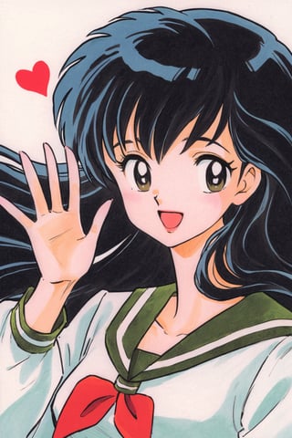 Higurashi Kagome, 1girl, solo, school uniform, long hair, retro artstyle, white background, black hair, smile, simple background, open mouth, serafuku, long sleeves, 1980s (style), heart, upper body, neckerchief, bangs, :d, sailor collar, waving, shirt, 1990s (style), looking at viewer, hand up, white shirt, traditional media