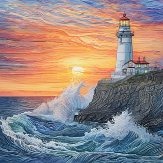 Sunset, ocean waves, cliff, lighthouse