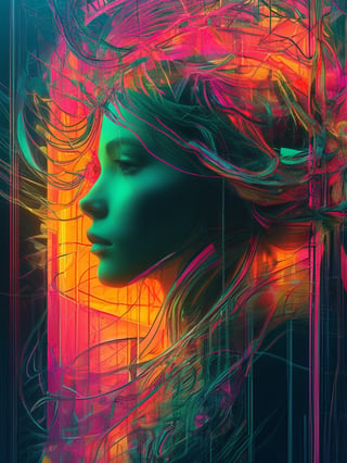 1girl, in the style of double exposure, neon art nouveau, long exposure, wimmelbilder, layered lines, neonpunk, chiaroscuro, best quality, masterpiece, highres, absurdres, incredibly absurdres, huge filesize, wallpaper, colorful,8K,RAW photo , artchlr