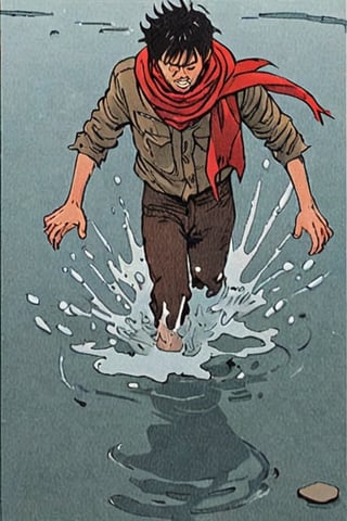 Comic panel illustration of a man walking through the water with a ragged red scarf,  akira style,Comic panel illustration