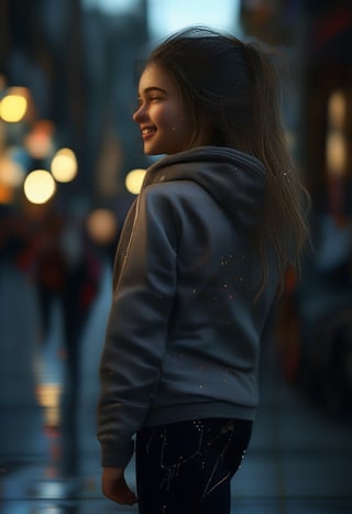 sparkles, photo of a beautiful girl wearing casual shirt with a hoodie and leggings, city street, messy medium hair, slim body, view from back, medium upper body shot, looking at the camera, cute smile, shallow depth of field, 8k uhd, dslr, soft lighting, high quality, photorealistic, realism, hyperrealism, art photography