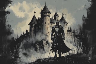 a dasrk knight in front of a castle  