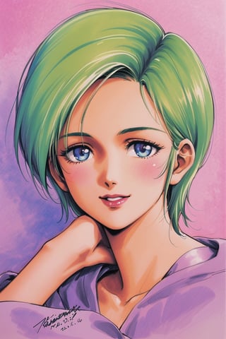 Four Murasame, 1girl, solo, short hair, signature, traditional media, blue eyes, green hair, collarbone, smile, looking at viewer, portrait, purple shirt, lipstick, upper body, dated, watercolor \(medium\)