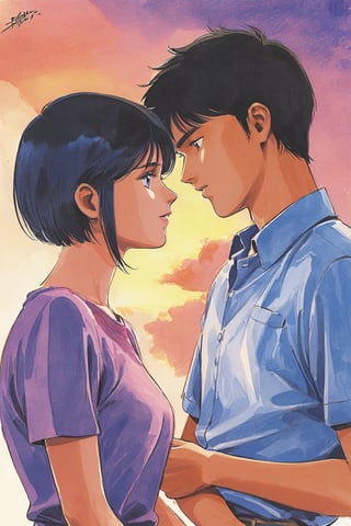 short hair, 1girl, black hair, 1boy, shirt, signature, sunset, upper body, short sleeves, looking at another, profile, eye contact, blue shirt, couple, traditional media, white shirt, watercolor