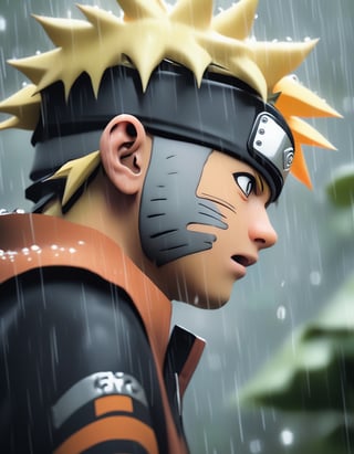 Photo, Closeup Profile of Naruto Looking up in heavy rain, surrounded by leaves, highly detailed, dramatic, Canon 5d Mark 4, Kodak Ektar, 